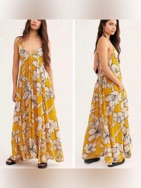 Mustard Yellow Floral Maxi Dress with V-Neck